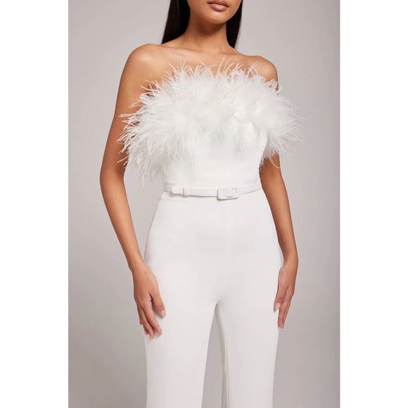 Nadine Merabi Jumpsuit White Colette Strapless Feathers New Size Small 6 - Picture 4 of 15
